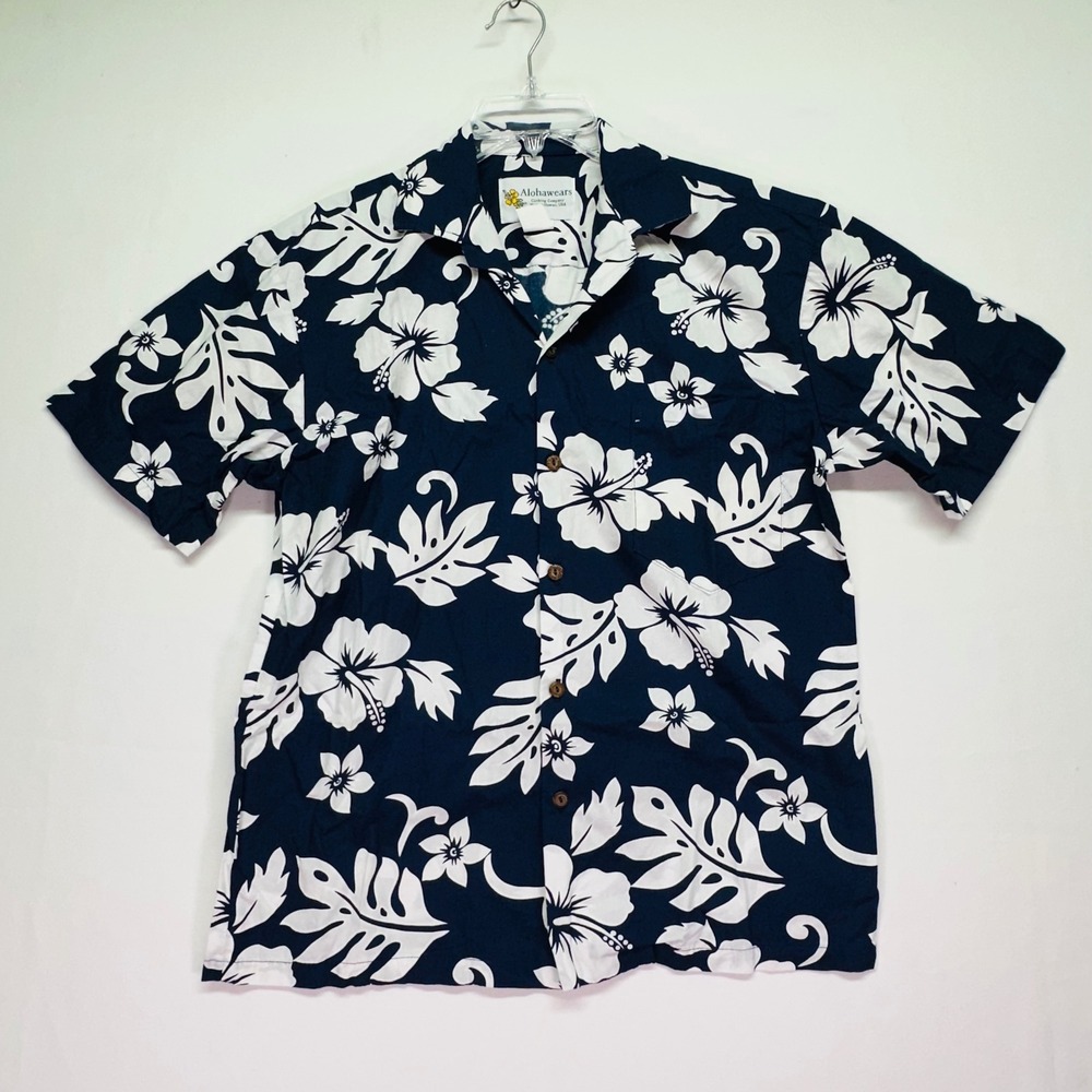 Alohawears Mens Small Navy White Hibiscus Floral Hawaiian Shirt Made in Hawaii